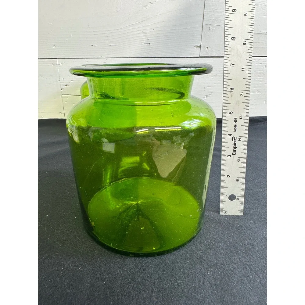 Vintage Green Glass Canister Set 4pc MCM Hand Blown Apothecary Jars